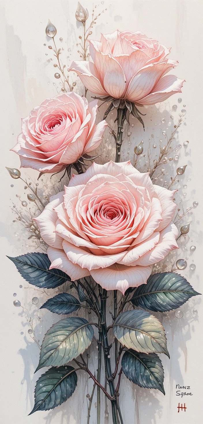 Douces roses blanches perlées de rosée sur fond gouache brumeux