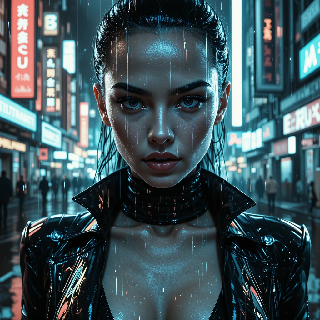 Close-up noir cyberpunk de mulher com reflexos de néon