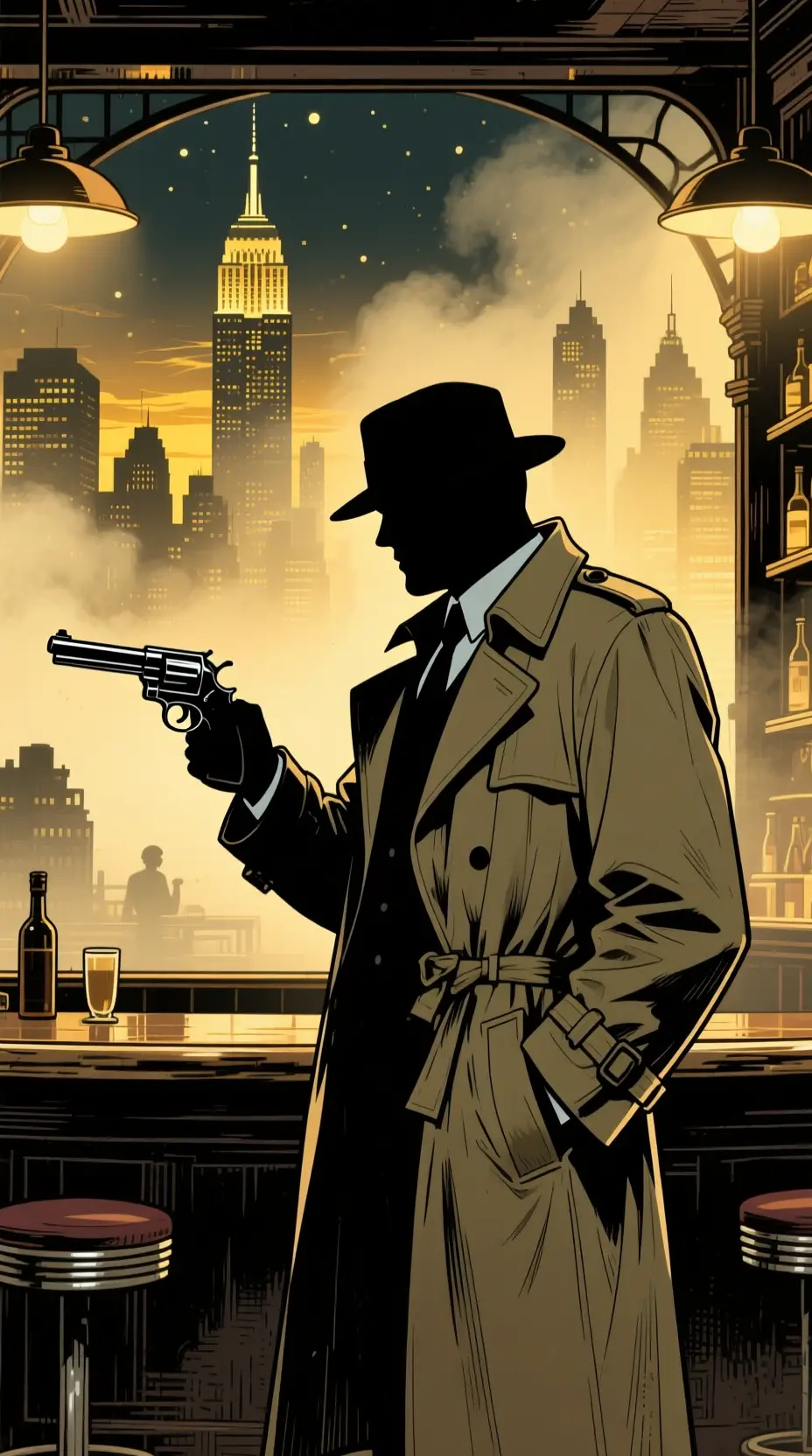 Silhouette detective in trench coat at moody noir bar
