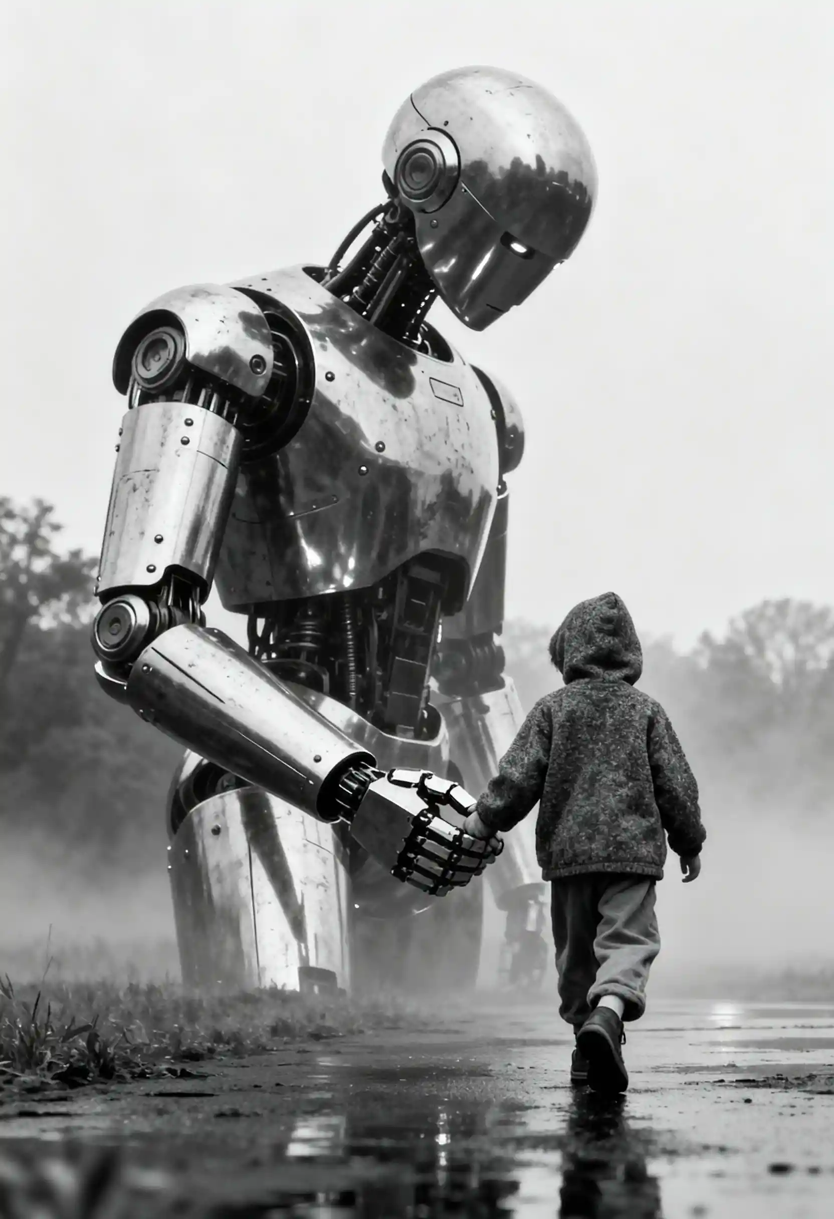 Humanoider Roboter hält die Hand eines Kindes in nebliger Landschaft
