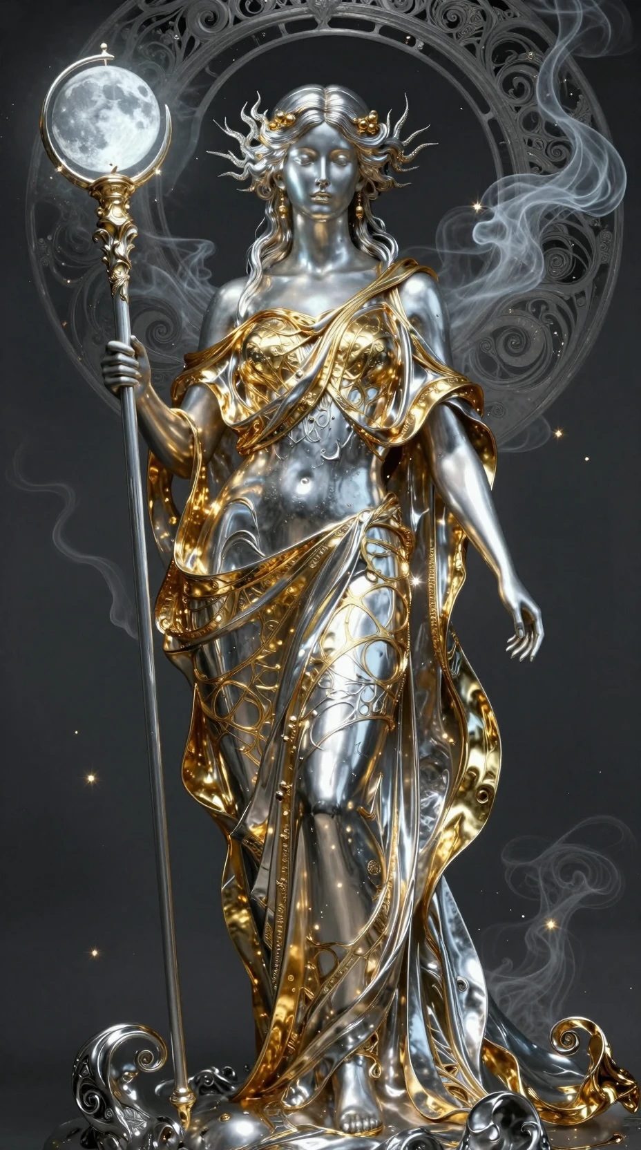 Celestial silver and gold goddess holding a glowing staff