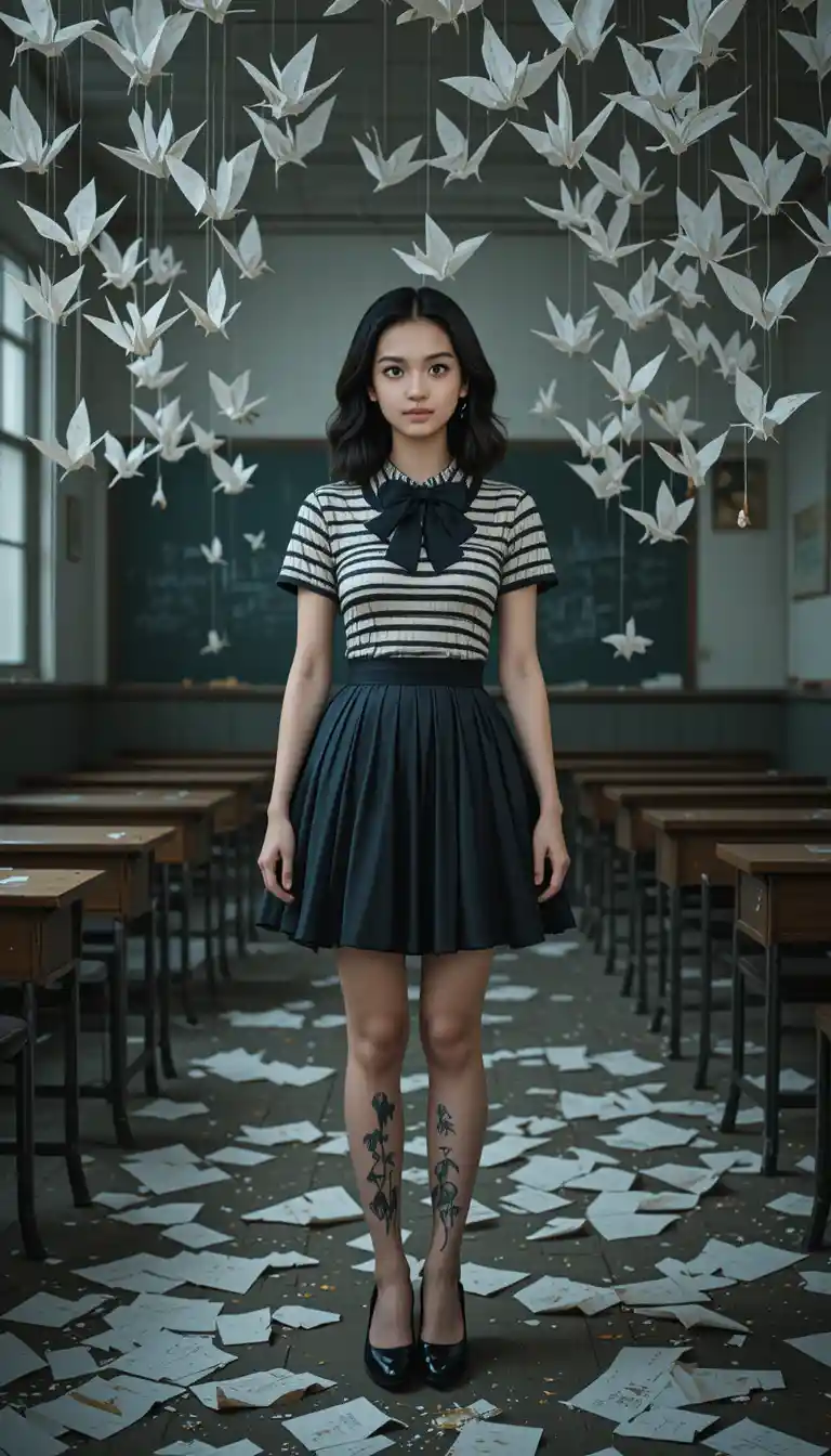Tattooed girl in striped dress among hanging paper cranes