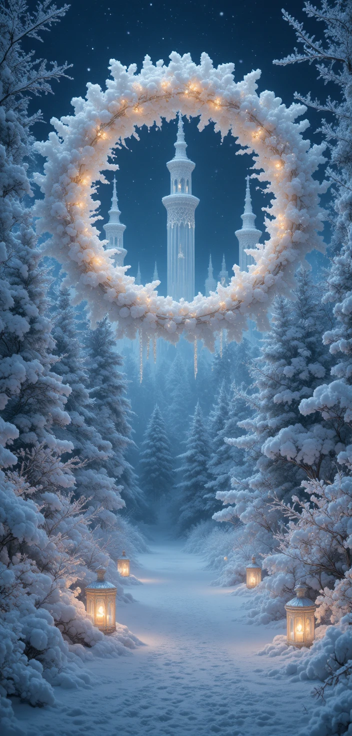 Bosque Invernal Encantado con Faroles y Esculturas de Hielo