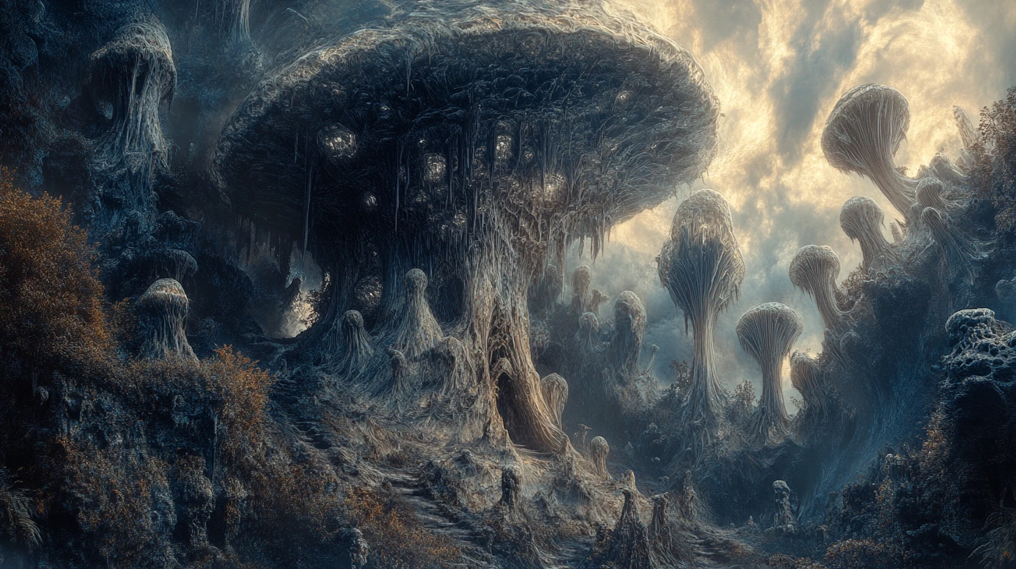 Surreal alien creature in a dark fantasy illusion scene