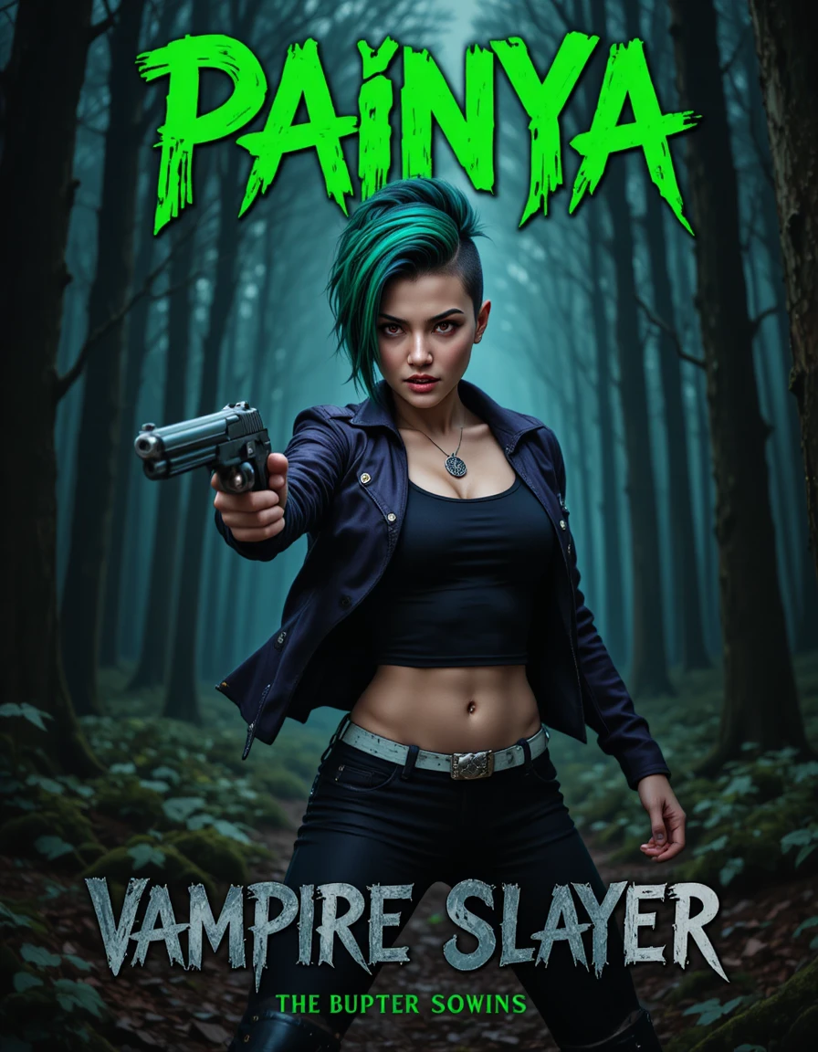 Angry green haired warrior woman in dark forest