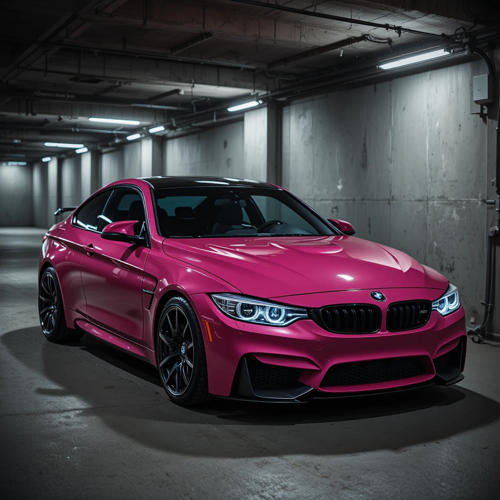 Auto BMW rosa scuro parcheggiata in un garage sotterraneo di notte