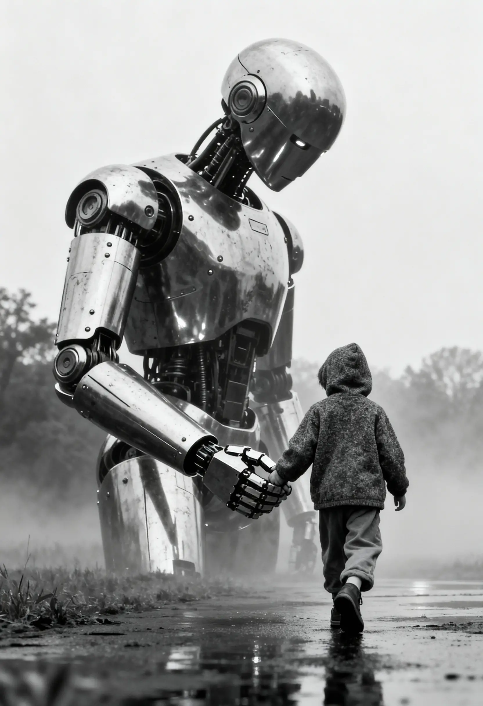 Humanoid robot holding a childs hand in misty landscape