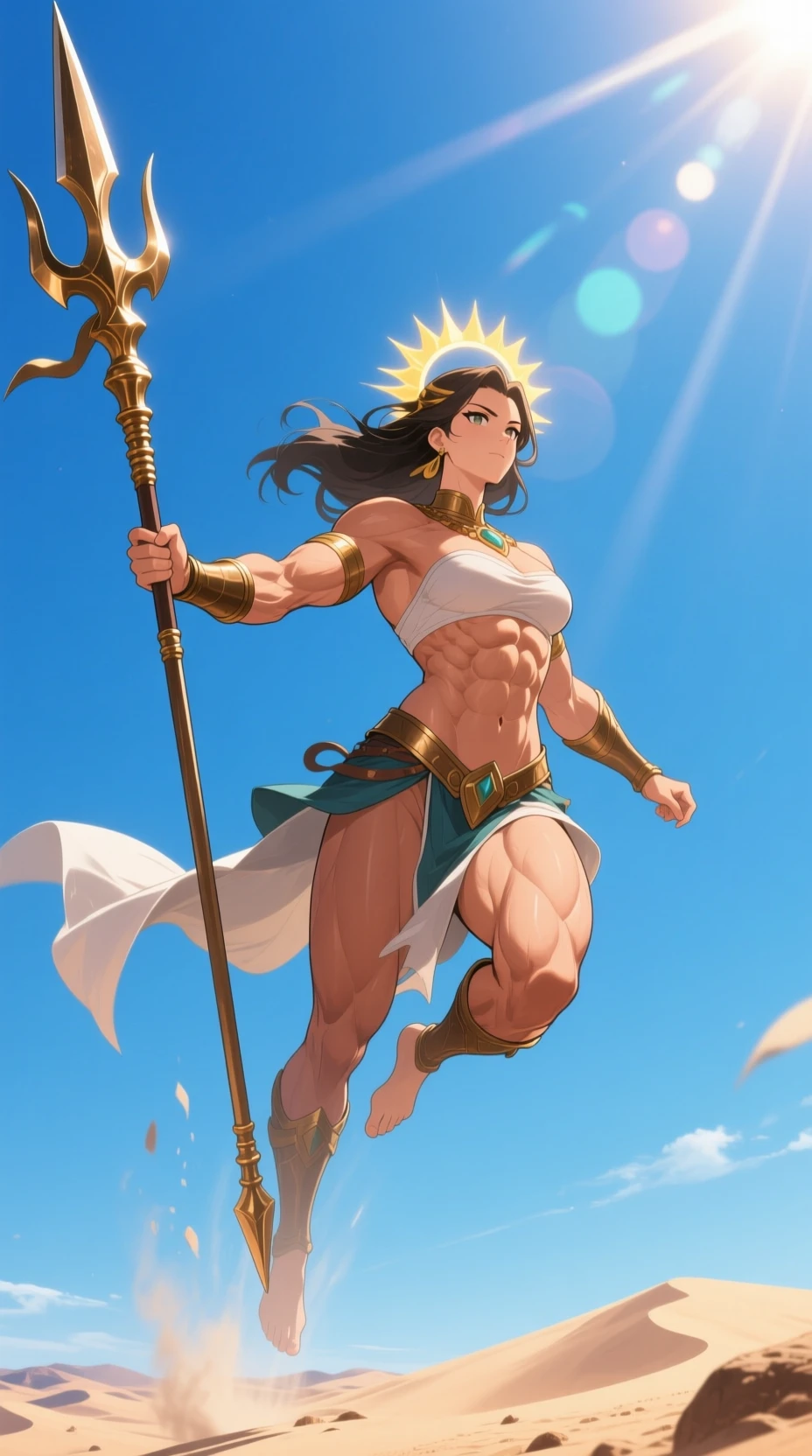 Guerriera dea del deserto in stile anime che vola nel cielo azzurro brillante