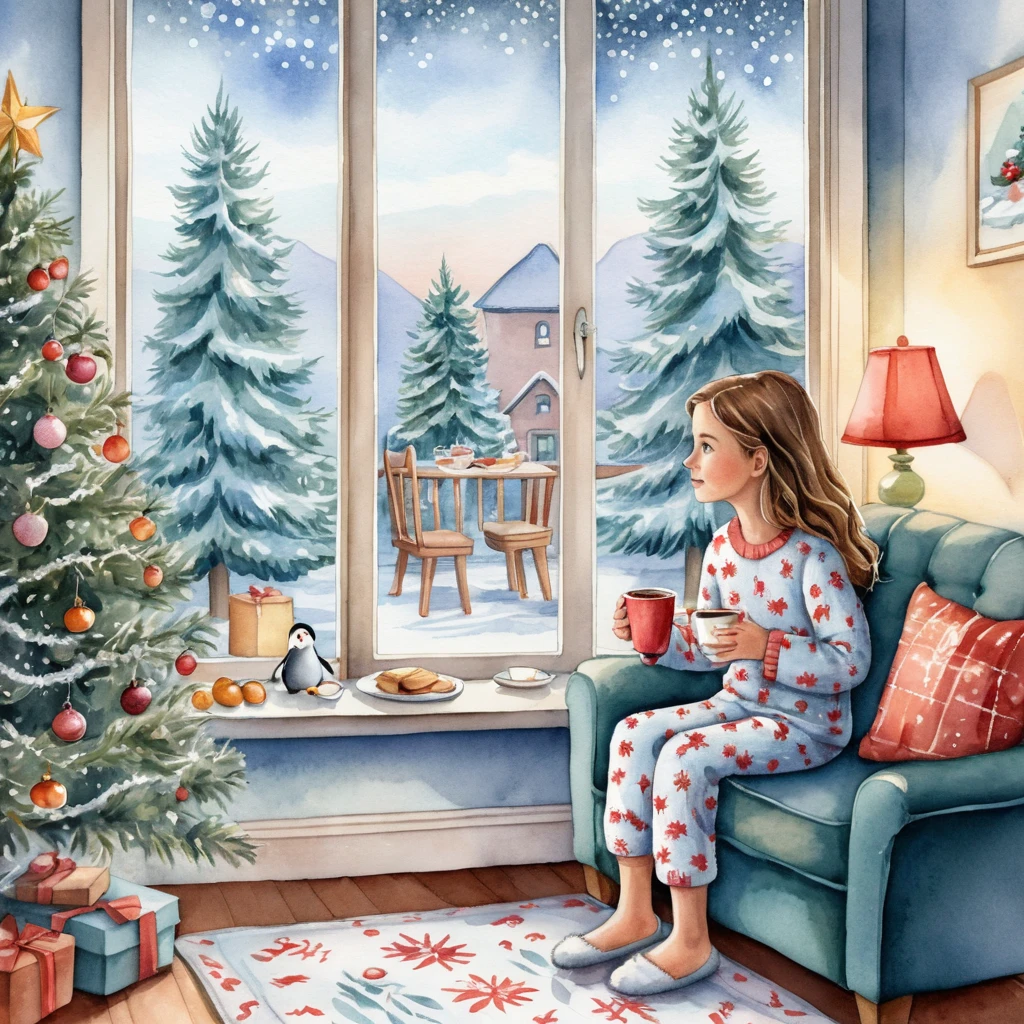Girl in Christmas pajamas by a frosty morning window