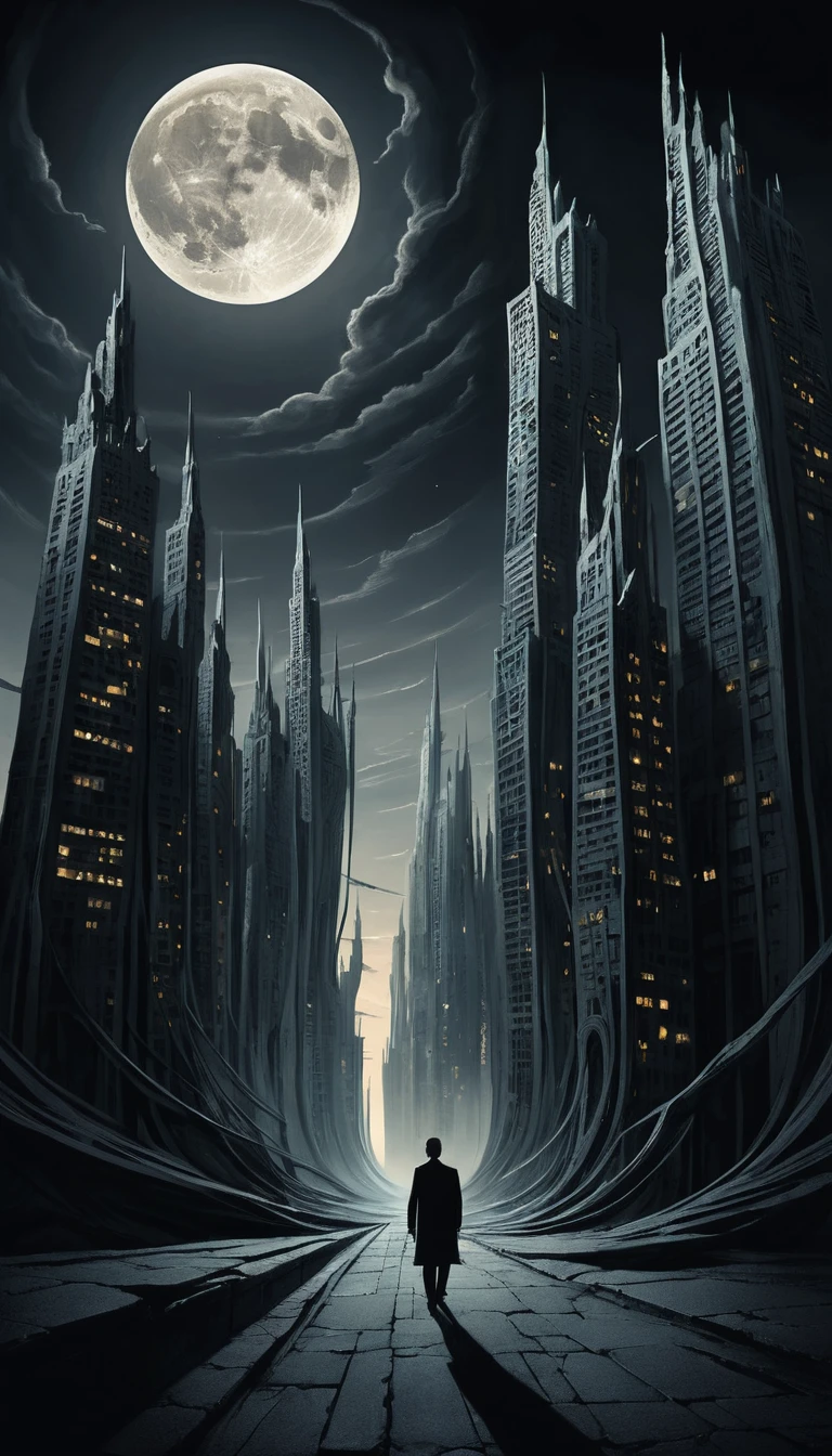 Eerie twisted skyscrapers under a haunting full moon