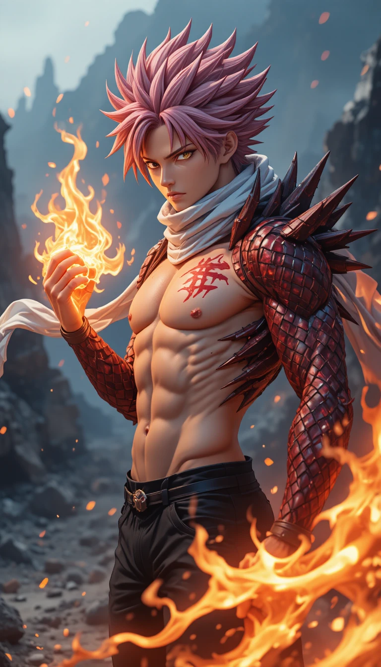 Bare chested fire mage in a rocky wasteland