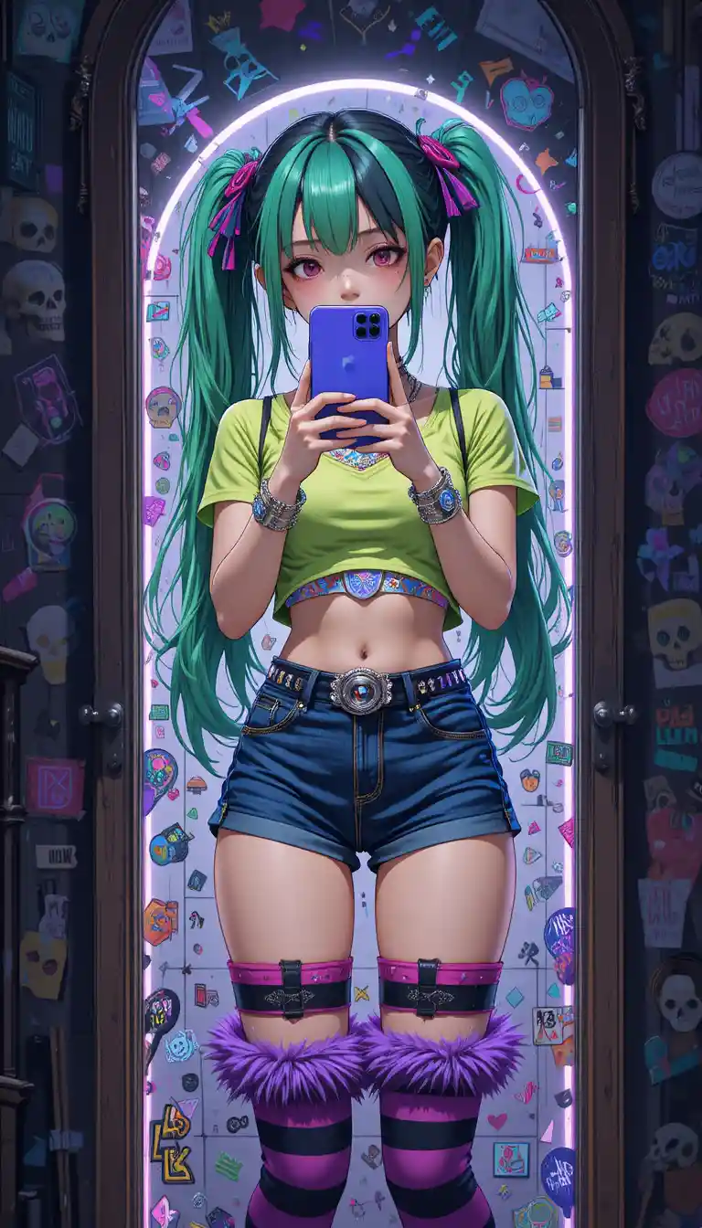 Anime girl mirror selfie in neon cyber goth outfit
