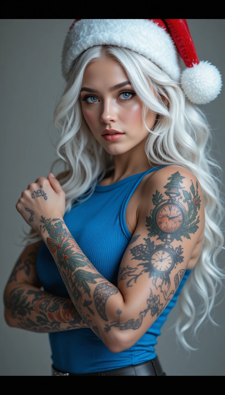 Strong female bodybuilder in santa hat close portrait
