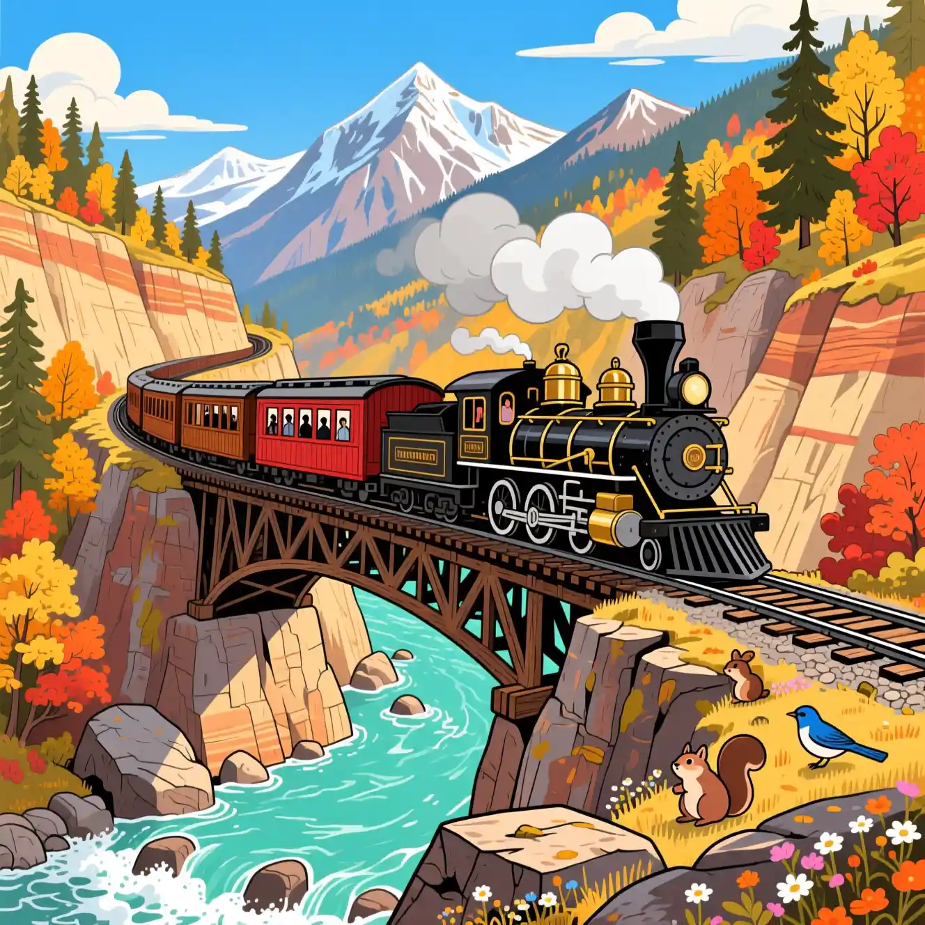 Trem a vapor cruzando uma ponte treliçada nas montanhas no outono