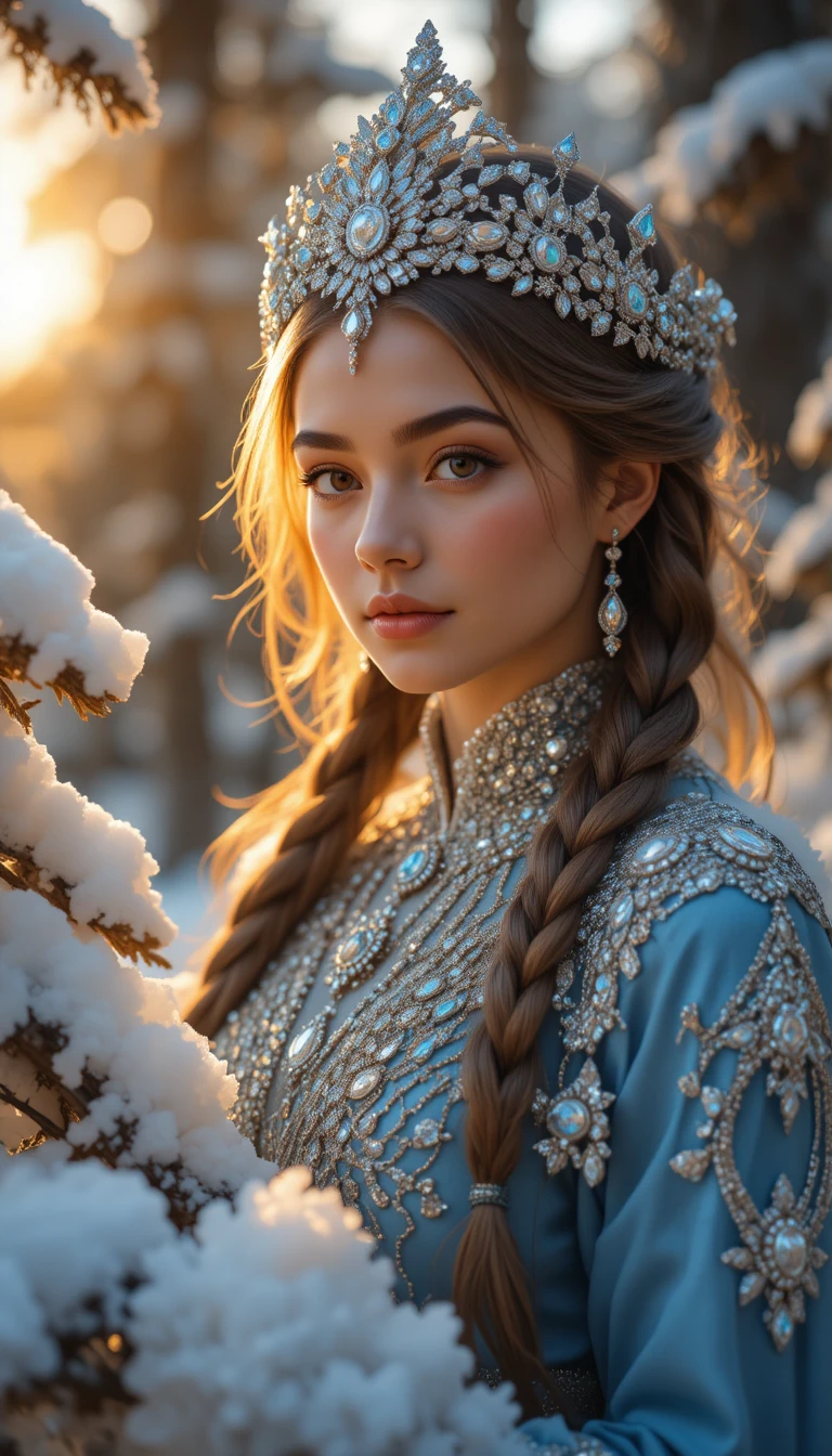 Snow maiden woman in blue near snowy evergreen branches