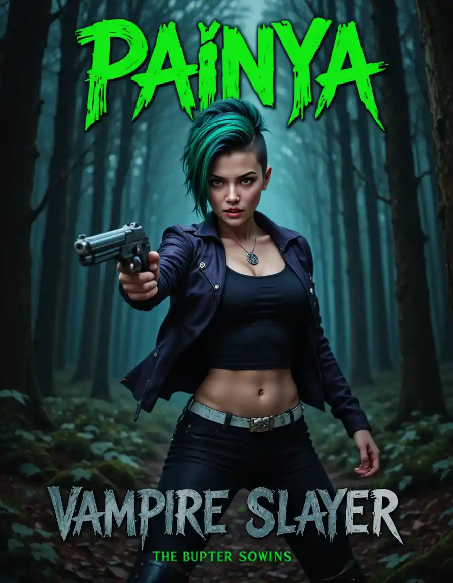 Angry green haired warrior woman in dark forest