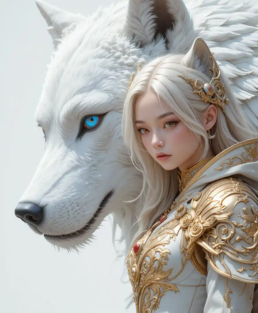 Blonde armored girl leaning against a colossal white wolf