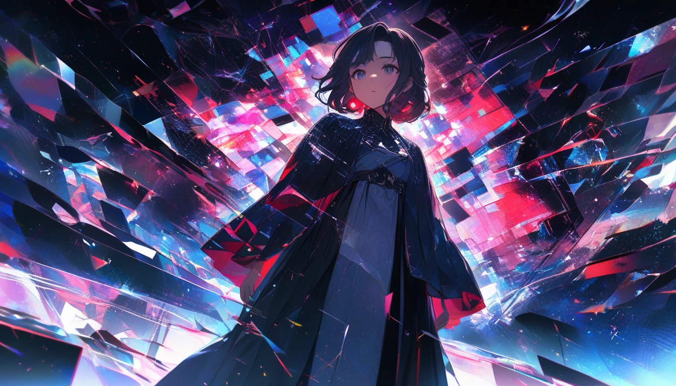 Young woman studies glitching holographic display in chamber