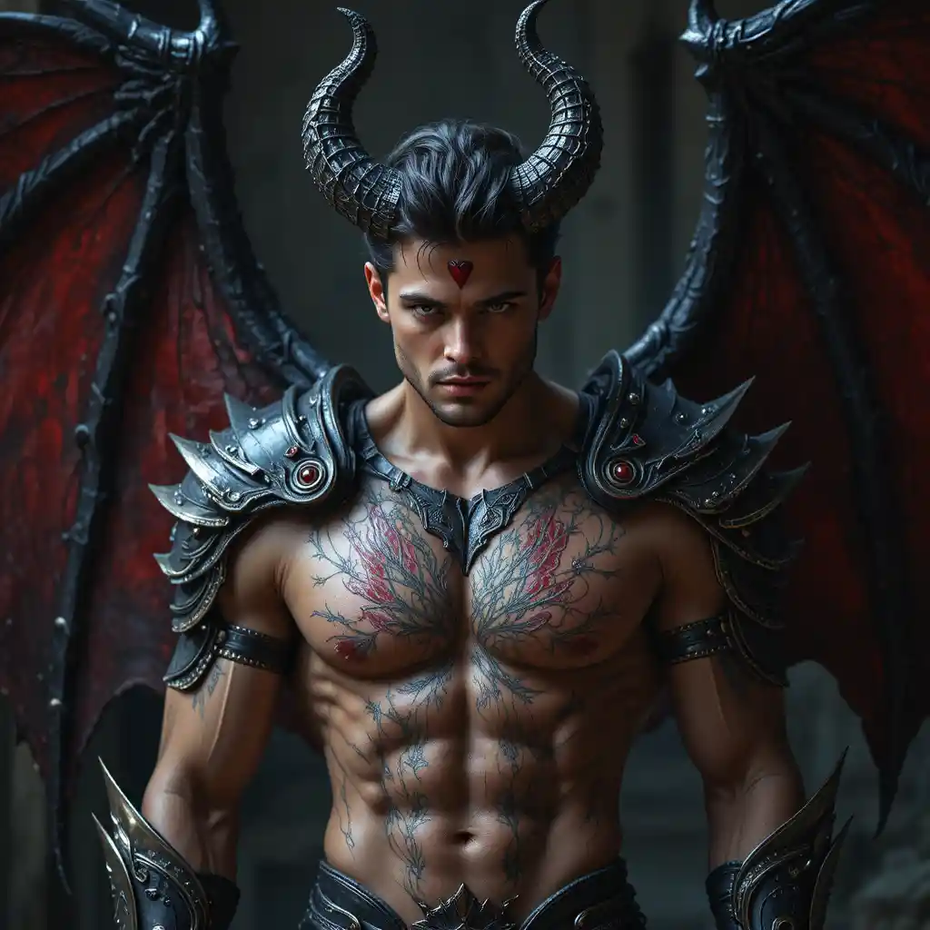 Seductive male demon warrior with heart ruby crest