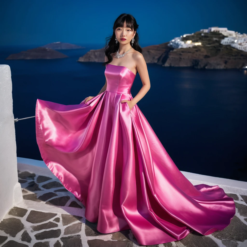 Elegant woman in pink satin gown at night in Santorini