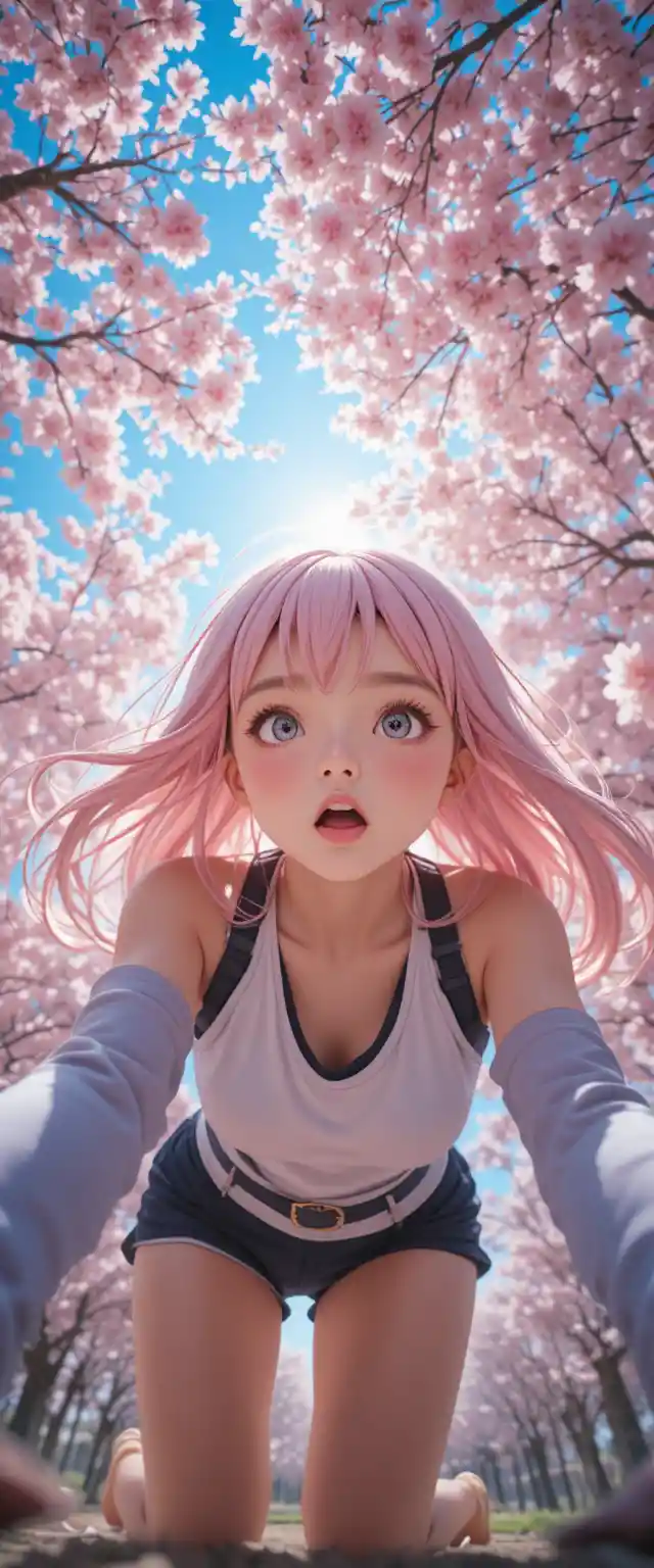 Anime girl leaning over camera under cherry blossoms