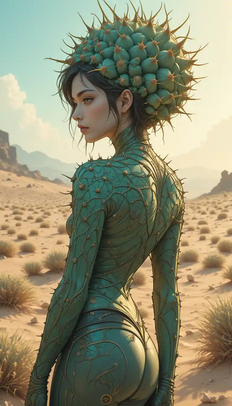 Anime cactus dryad woman in a glowing desert dawn