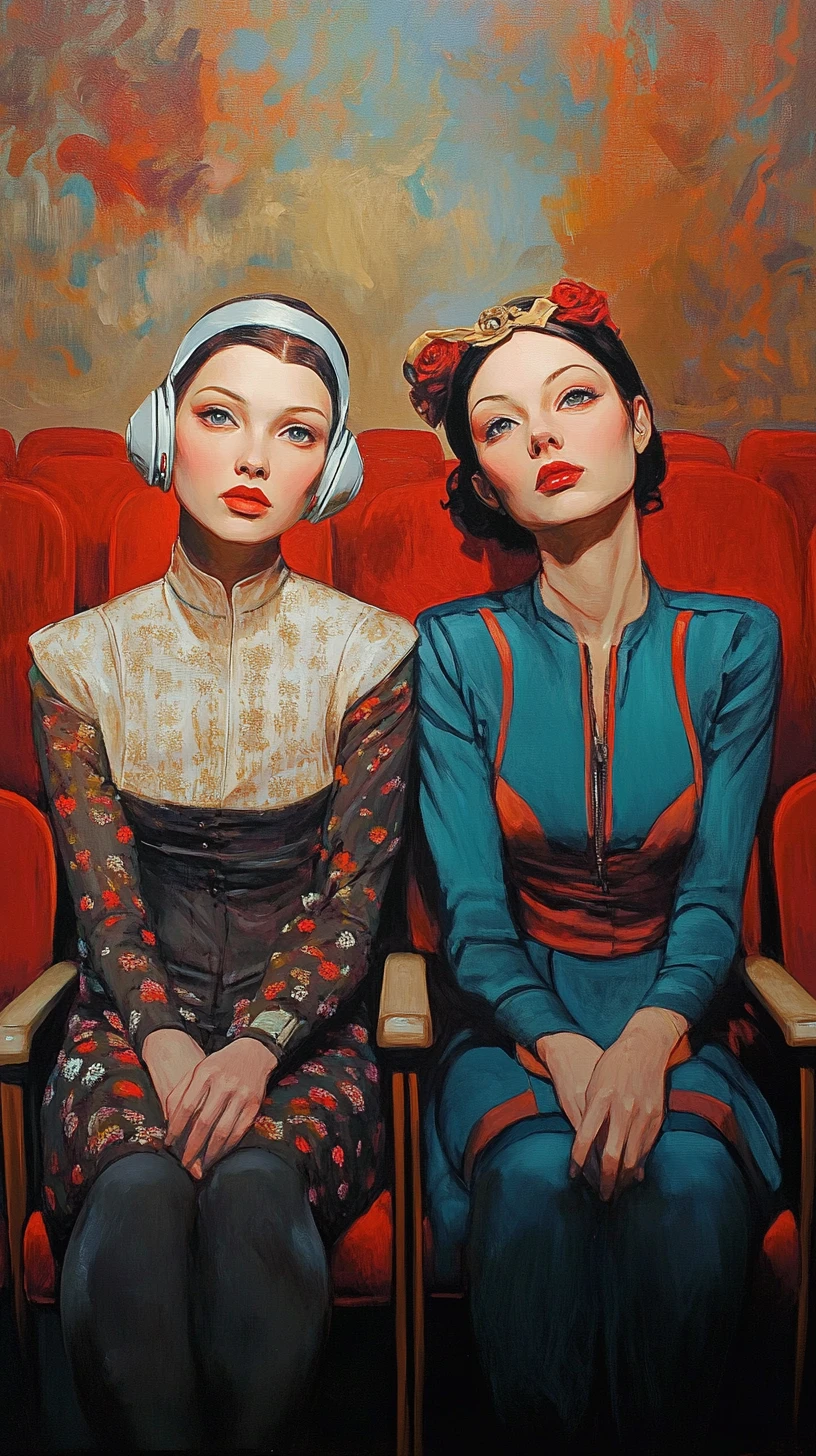 Duas mulheres ansiosas sentadas em um cinema de tons quentes