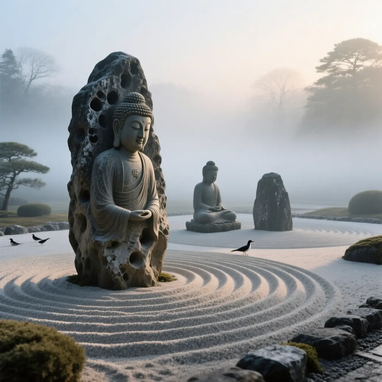 Zen rock garden in soft winter morning mist