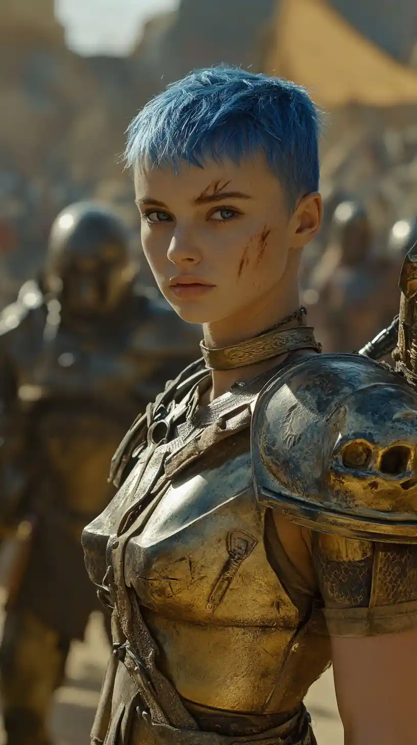 Close up of blue haired warrior woman in skull helmet