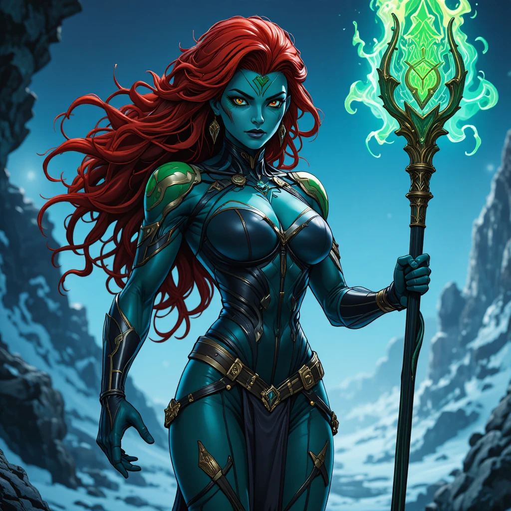 Red haired fantasy woman with weapon in animated style