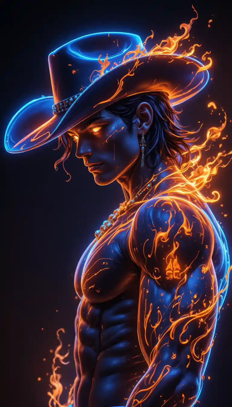 Neon edged side portrait of a confident fiery fighter