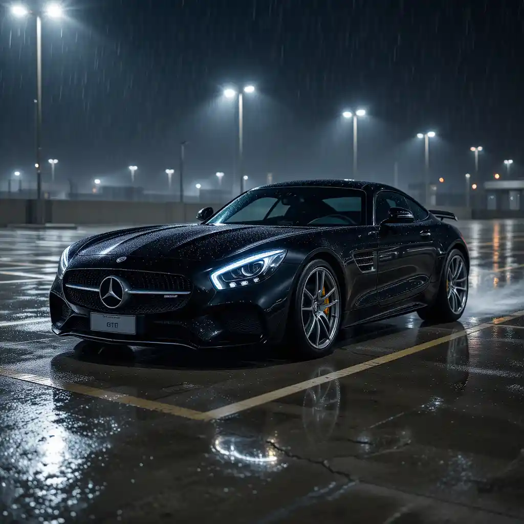 Black sports car drifting on wet night parking lot