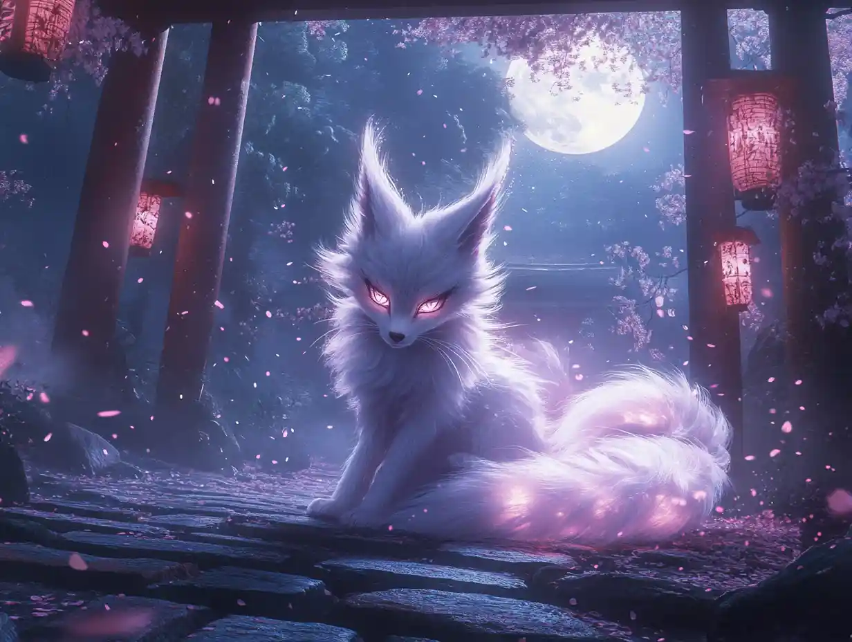 Mystical nine tailed kitsune under a glowing full moon