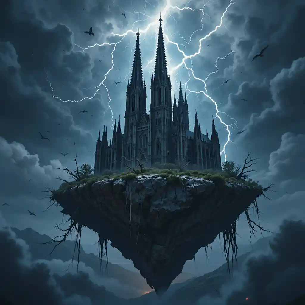 Cattedrale di Colonia su una roccia fluttuante sotto cieli tempestosi