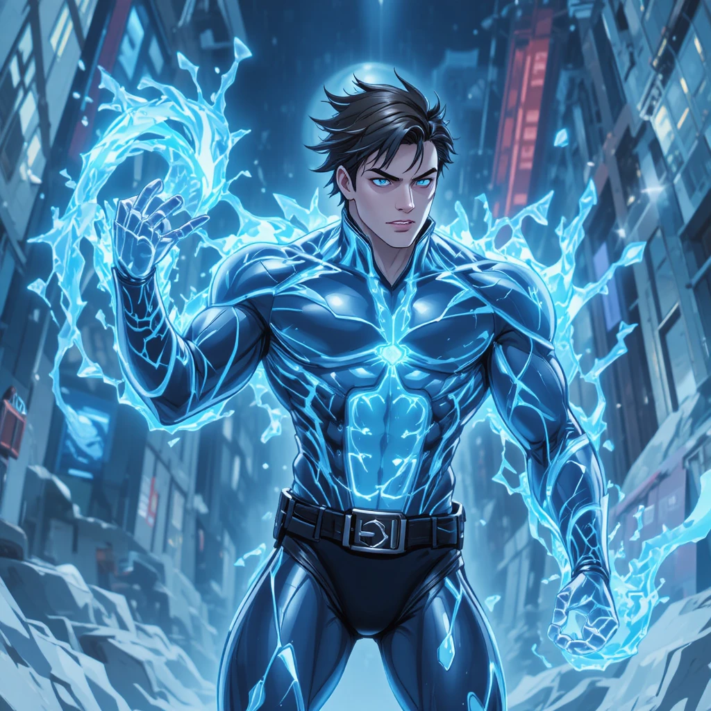 Anime-Mann mit Eiskräften in stilisierter Illustration