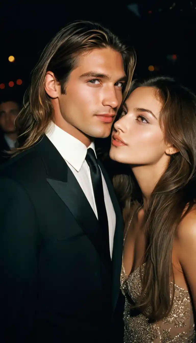 Charming young man in black suit at luxury party