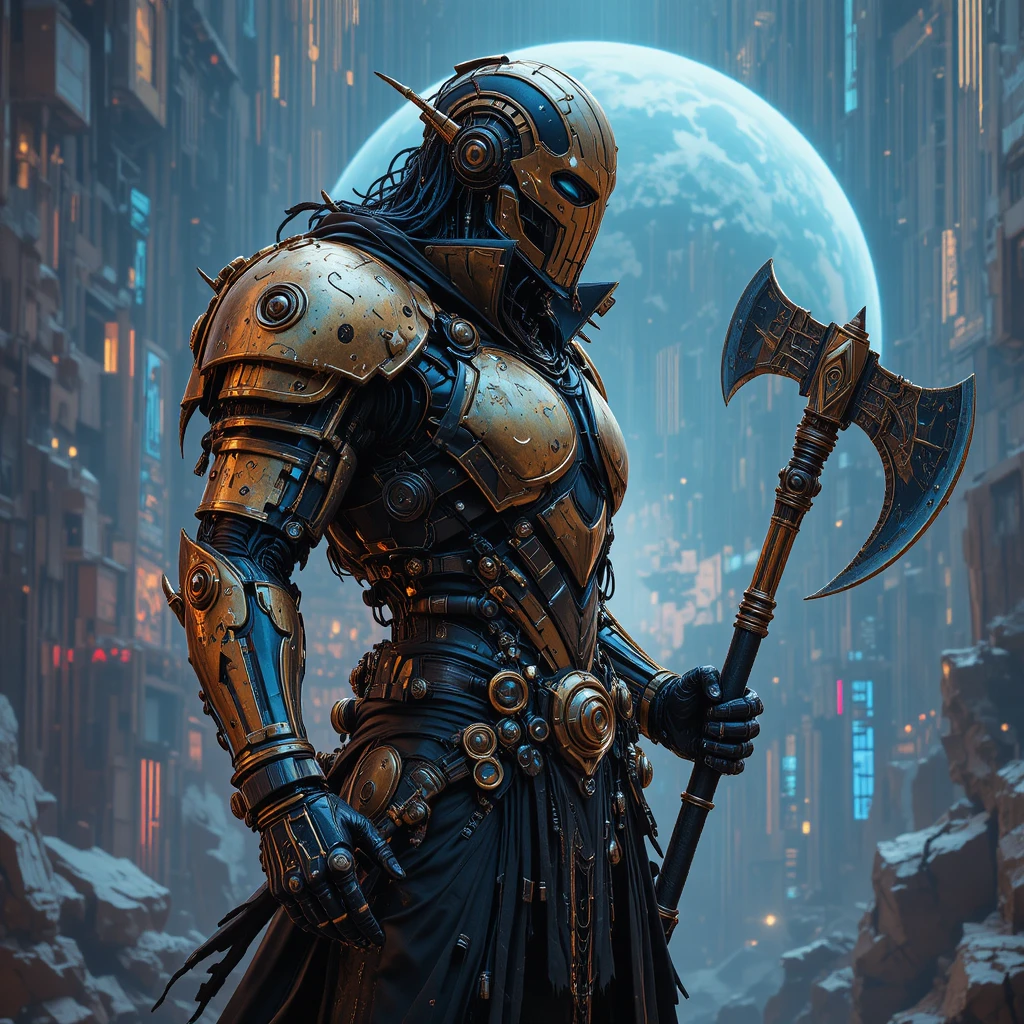 Cybernetic barbarian warrior in black and gold armor
