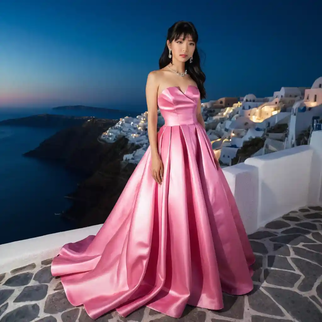 Elegant girl in pink satin gown at Santorini night