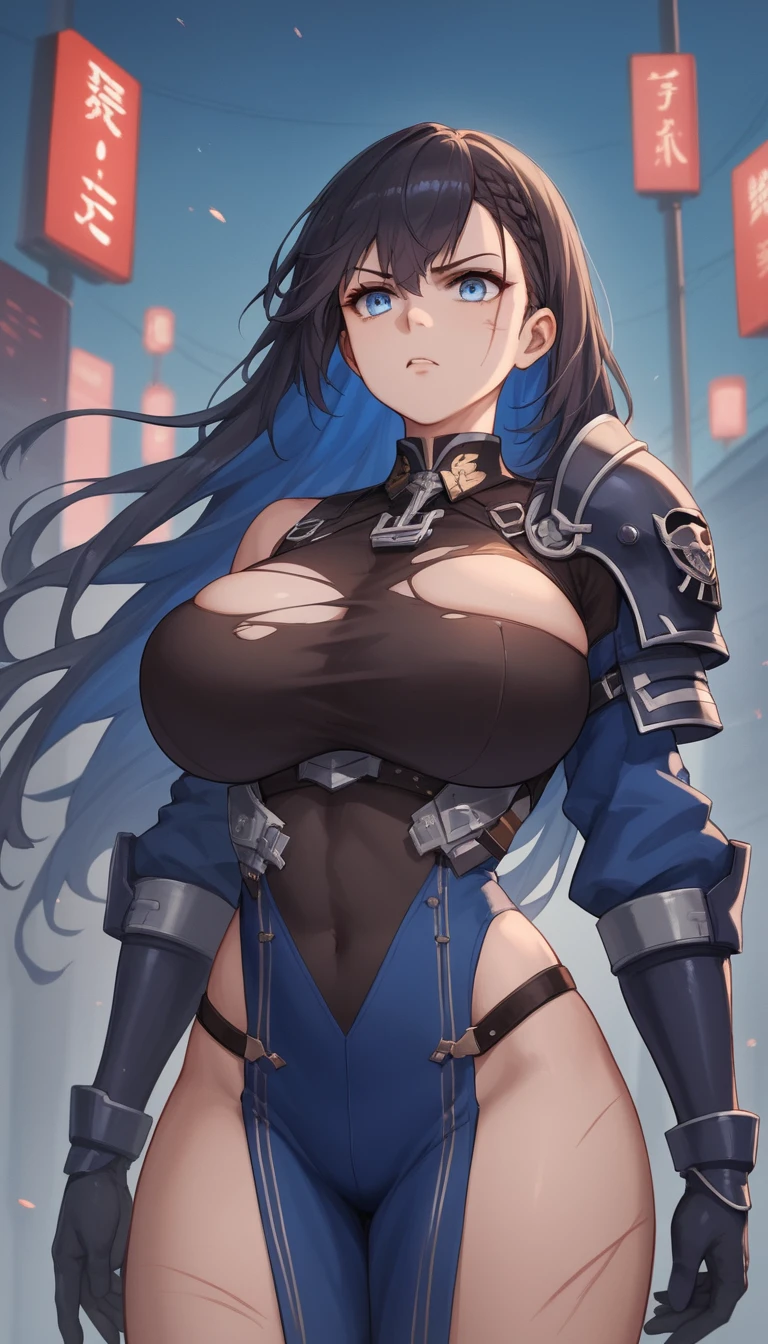 Young anime woman standing tense in a public place