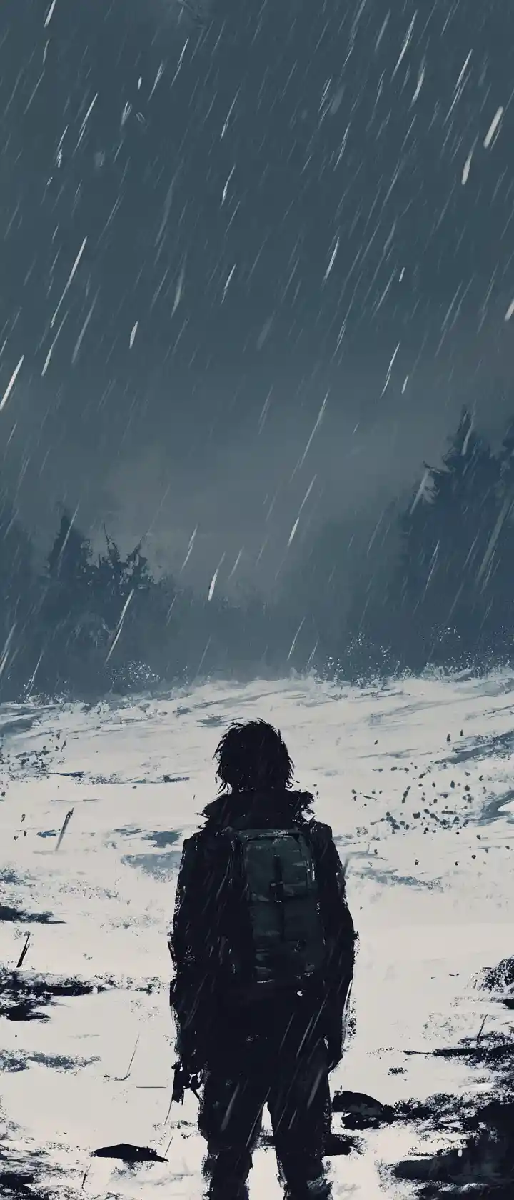 Weary figure at the edge of a stormy snowy wilderness