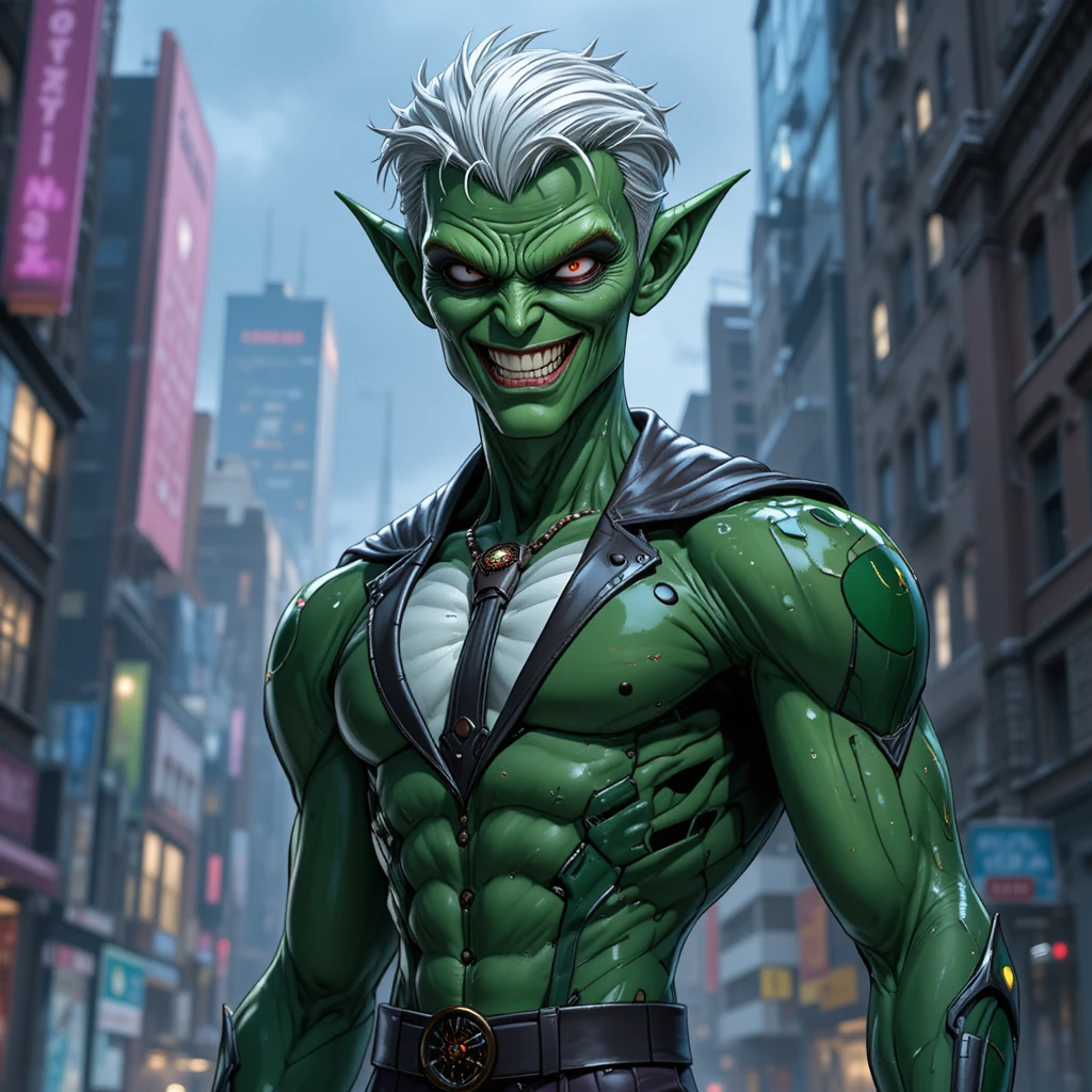 Fanged white haired sorcerer man in a dark city street