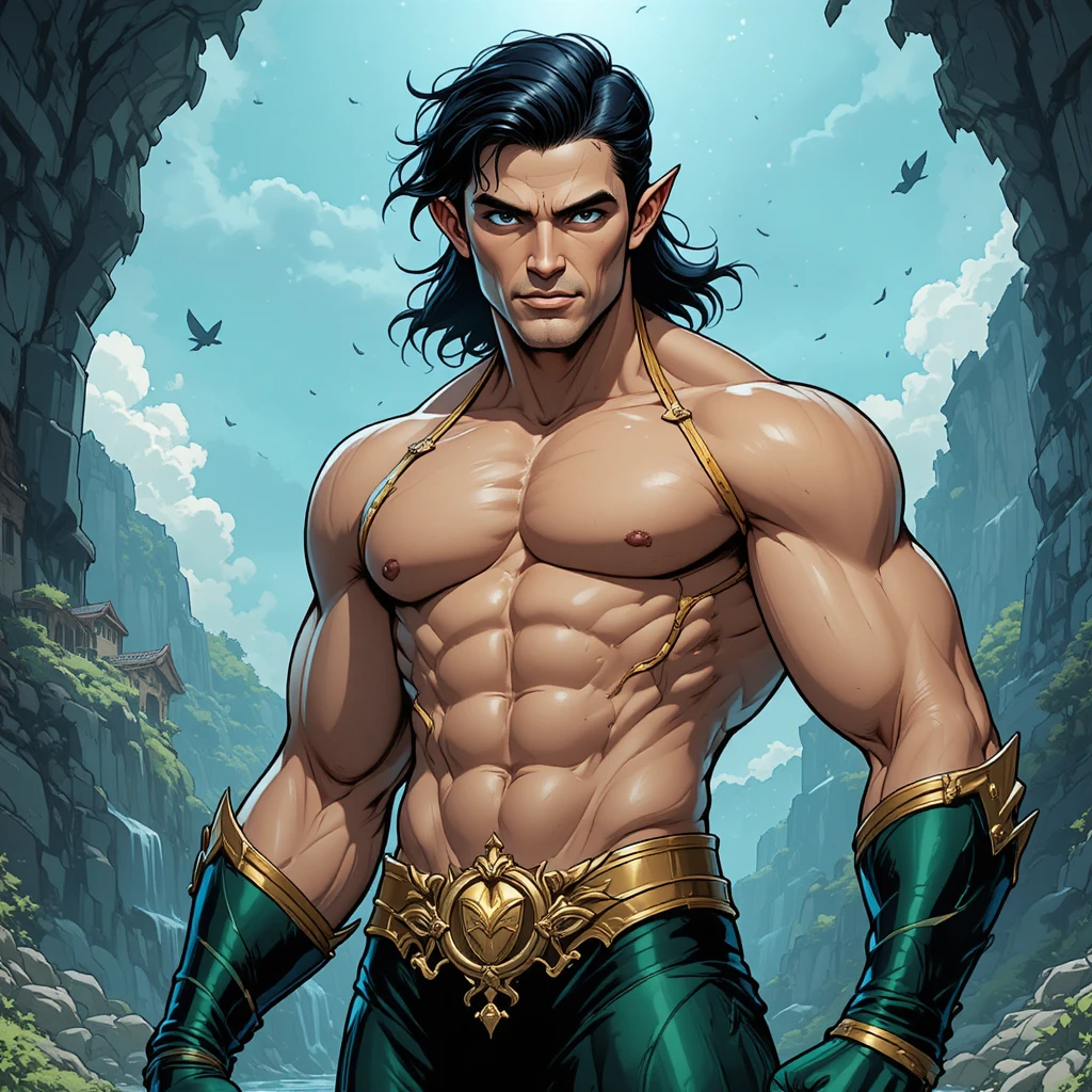 Atlantean king with blue eyes and ankle wings illustration