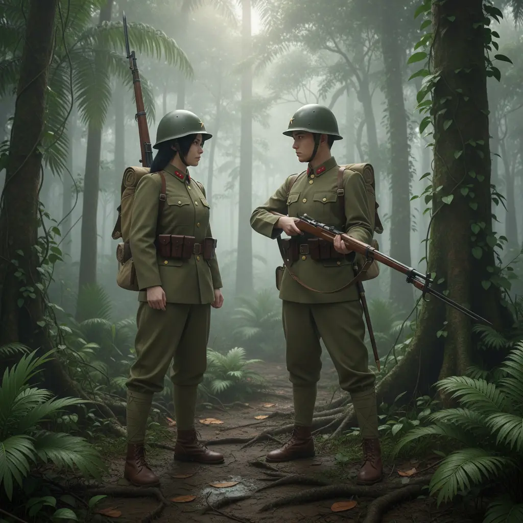 Soldats japonais en uniforme kaki se rencontrant dans la jungle