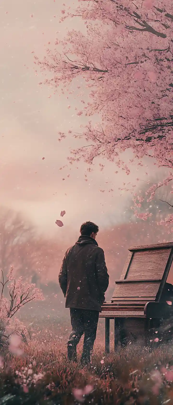 Junger Mann, der von einem stillen Sakura-Hain weggeht