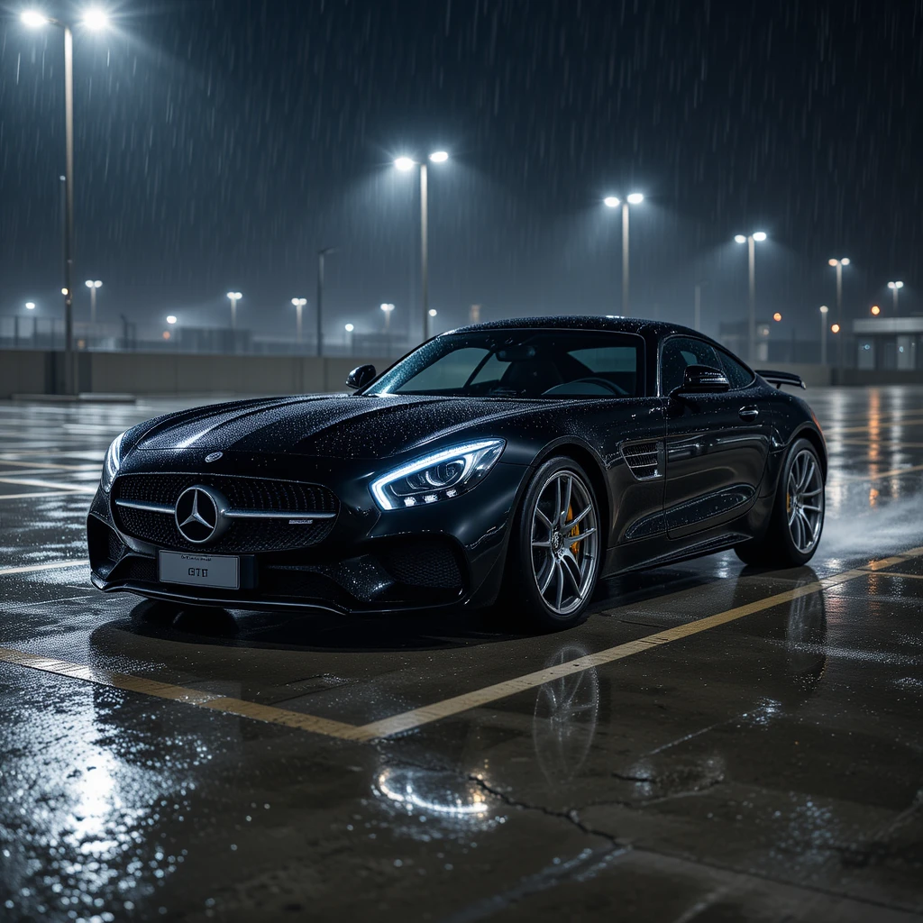 Black sports car drifting on wet night parking lot