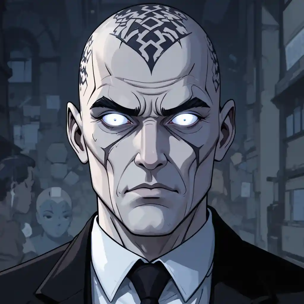 Animated white skinned bald man with glowing white eyes