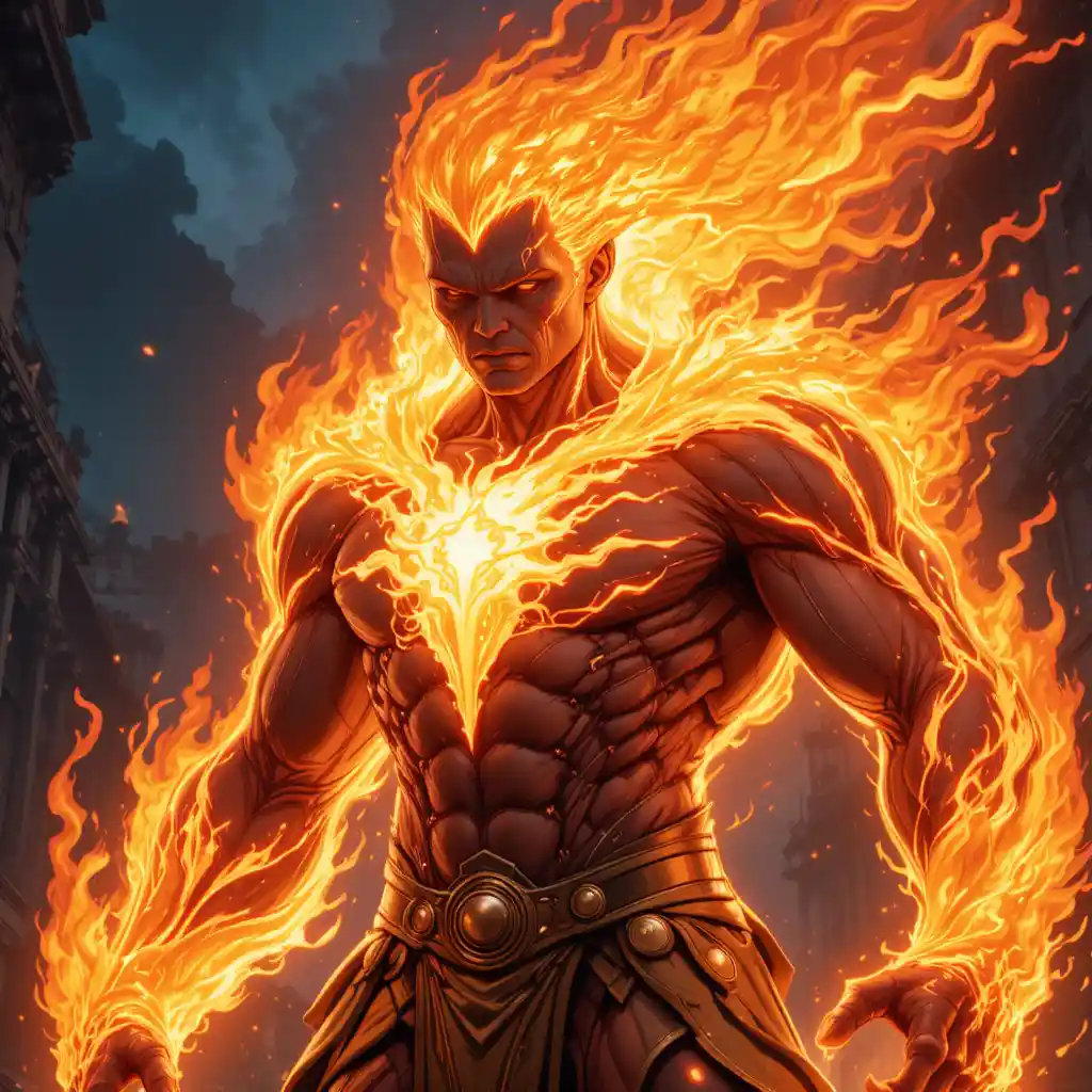Flaming male deity figure wreathed in fire and power