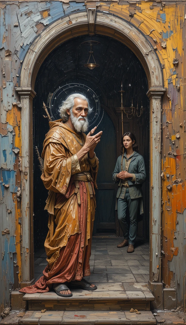 Homme âgé priant près d’un simple oratoire mural