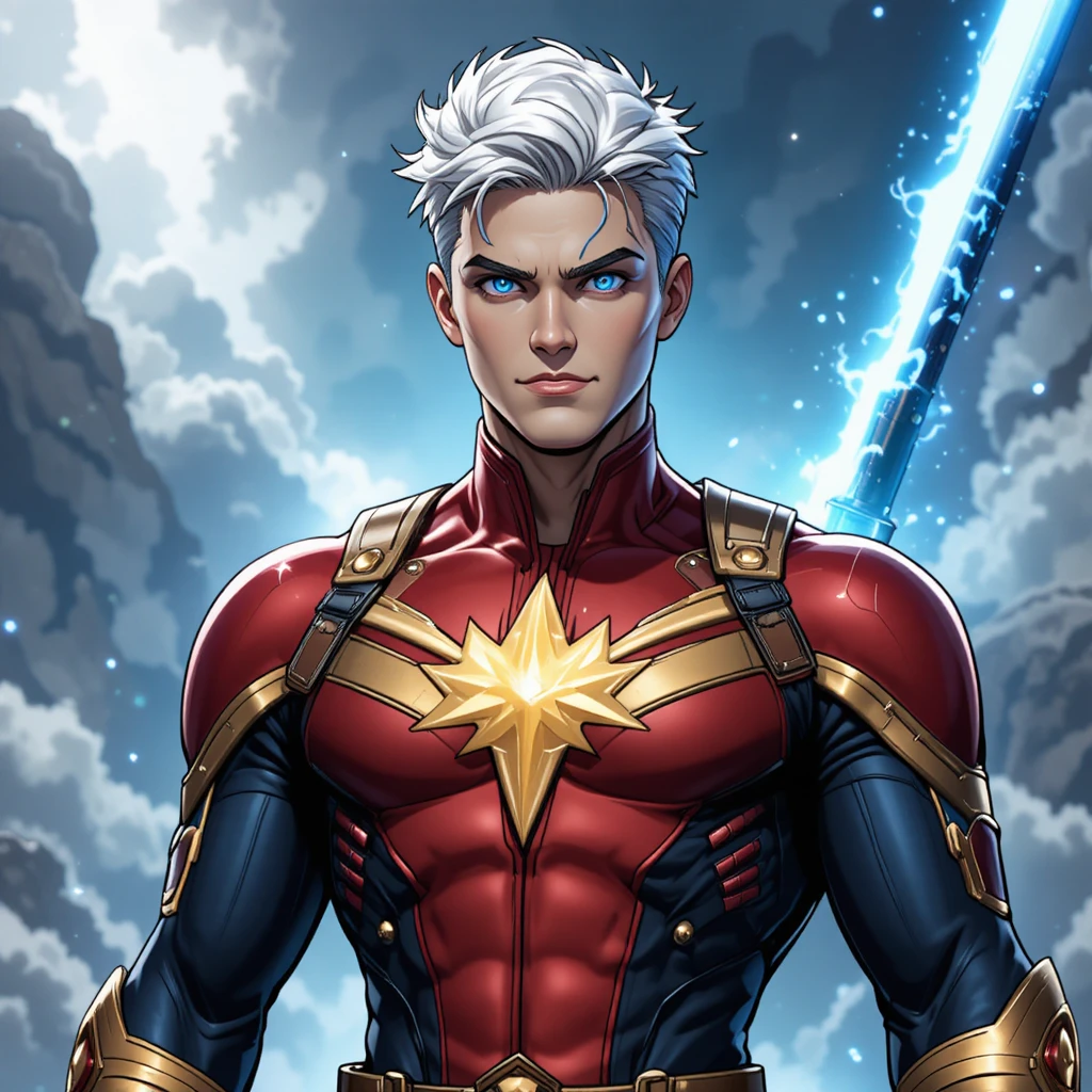 Male cosmic warrior with blue eyes and white hair powers