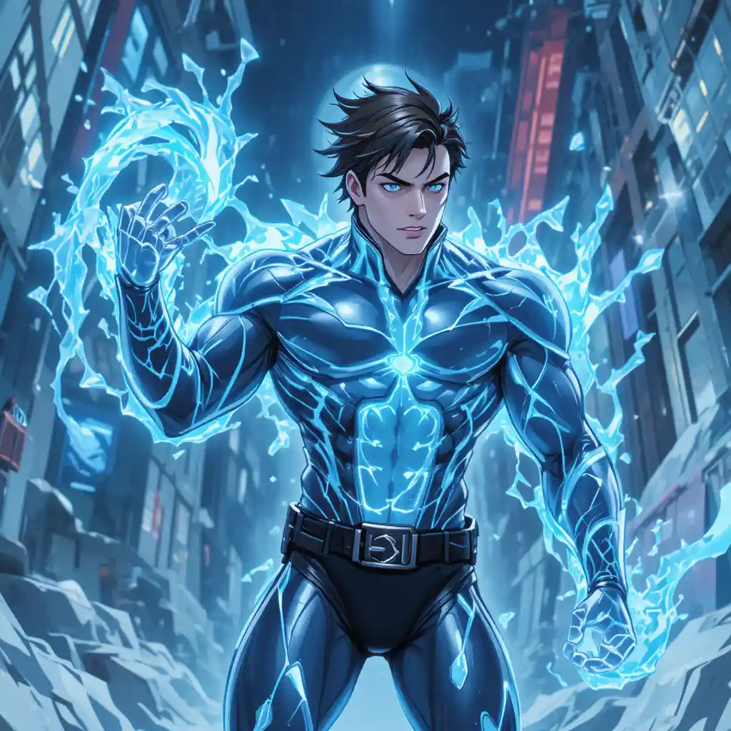 Anime-Mann mit Eiskräften in stilisierter Illustration